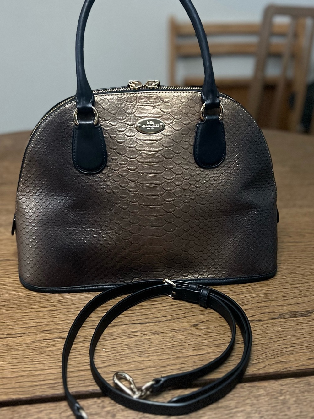 Coach Cora Domed Satchel in metallic snake-embossed leather Bronze Gold